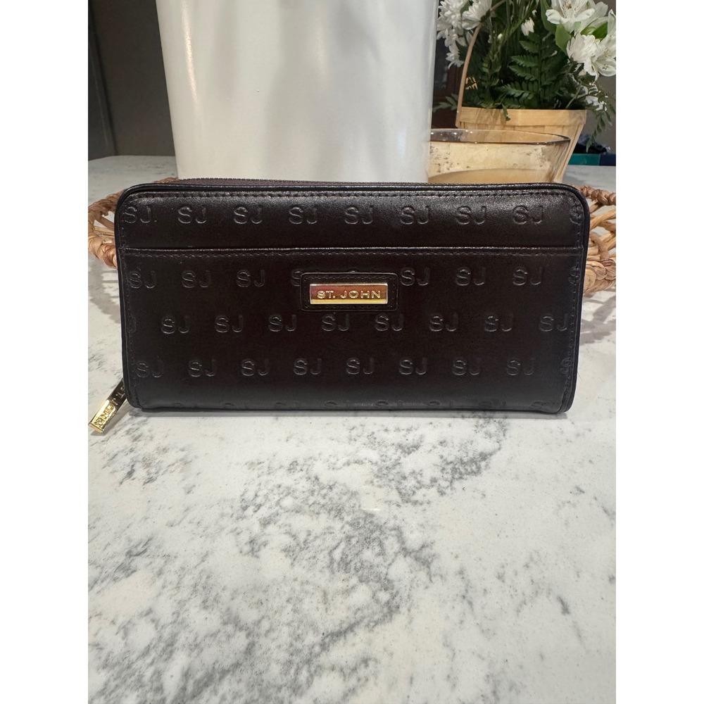 St. John Dark Brown SJ Monogram Embossed Leather Zip Around Wallet Gold Hardware